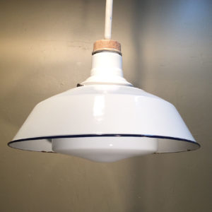Vintage Industrial White Porcelain Enamel Pendants w/ Milk Glass Shades