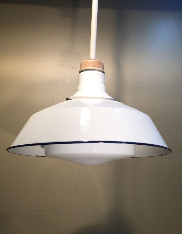 Vintage Industrial White Porcelain Enamel Pendants w/ Milk Glass Shades