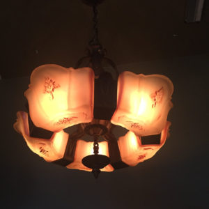 1920s Bronze Art Deco Slip Shade Chandelier