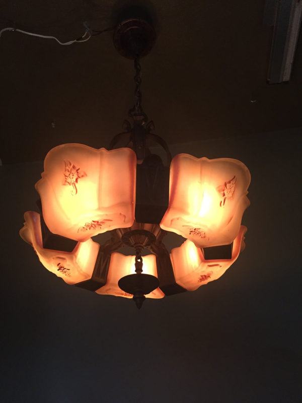 1920s Bronze Art Deco Slip Shade Chandelier