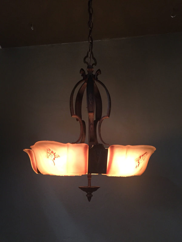 1920s Bronze Art Deco Slip Shade Chandelier - Image 8