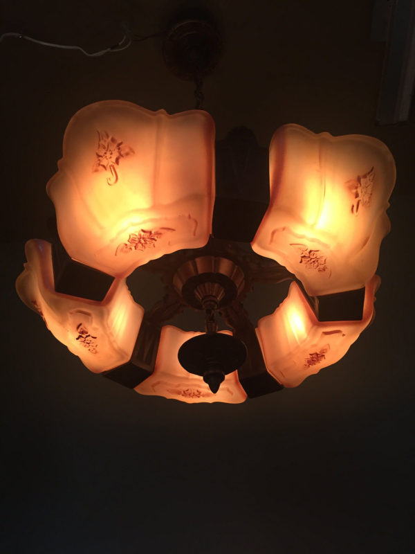 1920s Bronze Art Deco Slip Shade Chandelier - Image 9