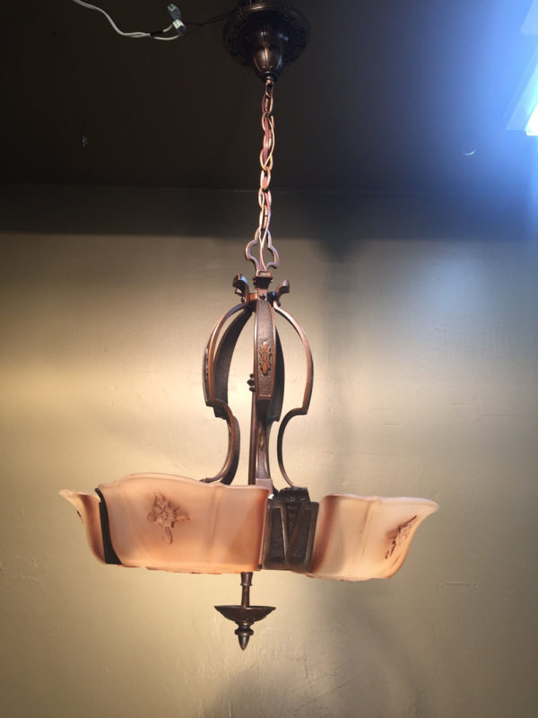 1920s Bronze Art Deco Slip Shade Chandelier - Image 2