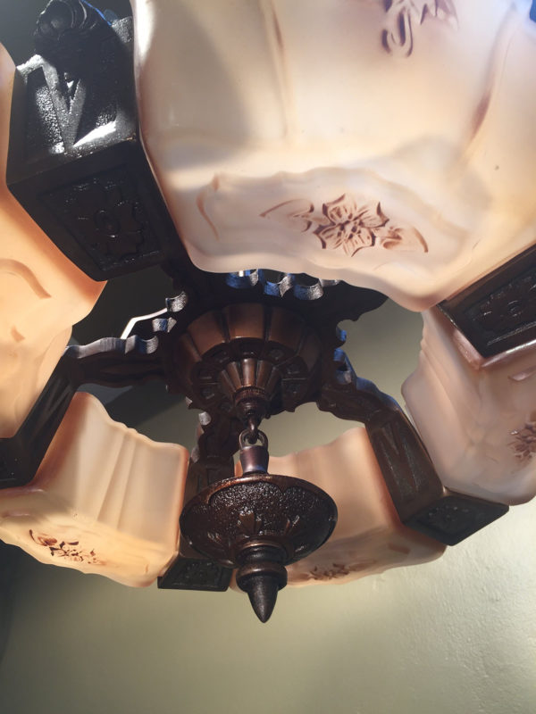 1920s Bronze Art Deco Slip Shade Chandelier - Image 3