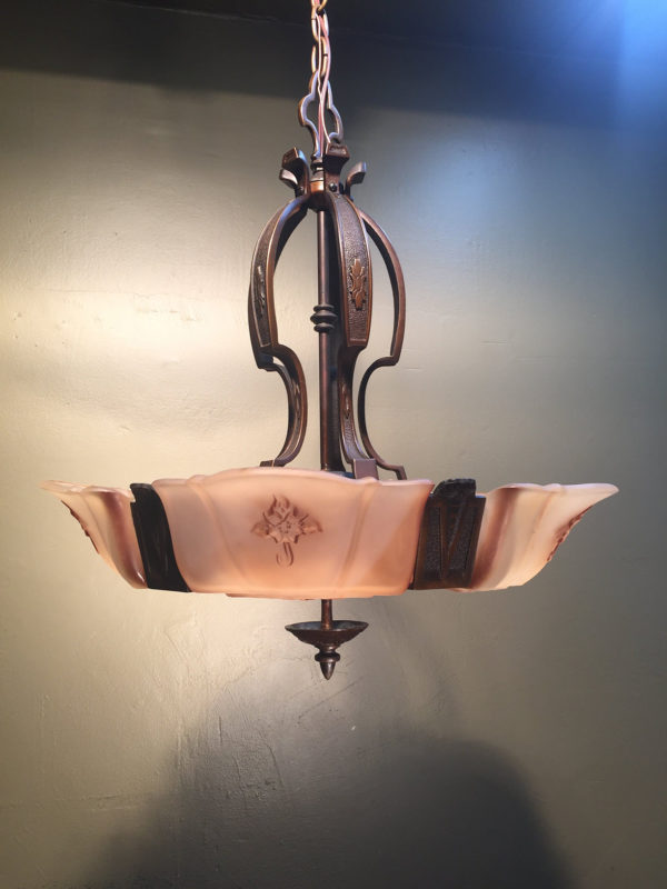 1920s Bronze Art Deco Slip Shade Chandelier - Image 4