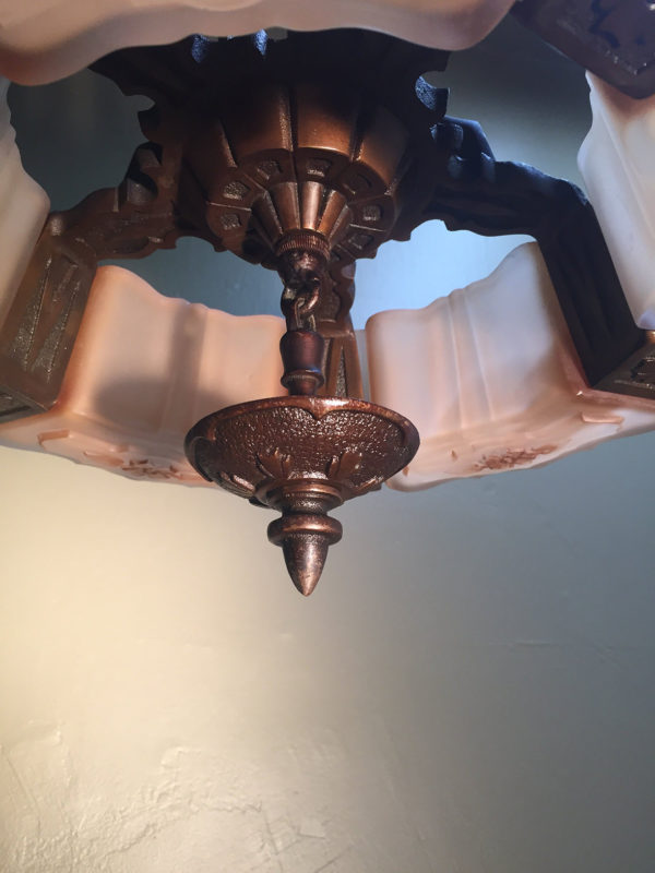 1920s Bronze Art Deco Slip Shade Chandelier - Image 6