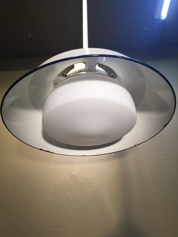 Vintage Industrial White Porcelain Enamel Pendants w/ Milk Glass Shades - Image 8