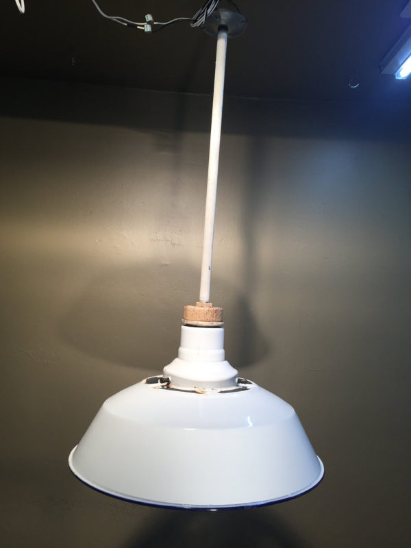 Vintage Industrial White Porcelain Enamel Pendants w/ Milk Glass Shades - Image 9