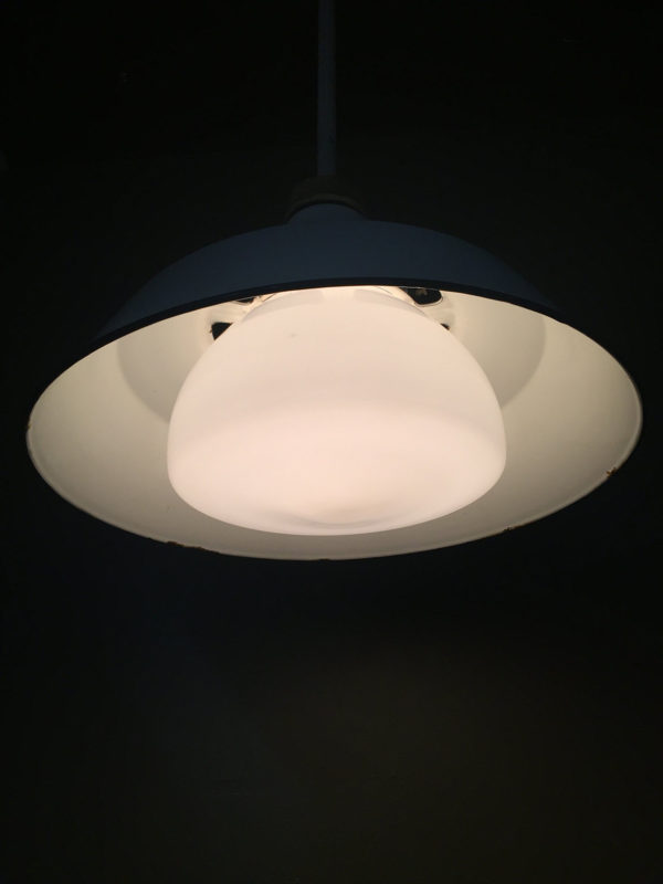 Vintage Industrial White Porcelain Enamel Pendants w/ Milk Glass Shades - Image 2