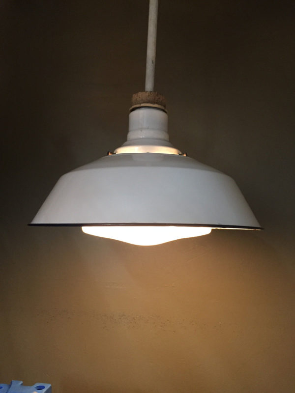 Vintage Industrial White Porcelain Enamel Pendants w/ Milk Glass Shades - Image 3