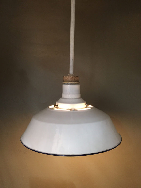 Vintage Industrial White Porcelain Enamel Pendants w/ Milk Glass Shades - Image 4