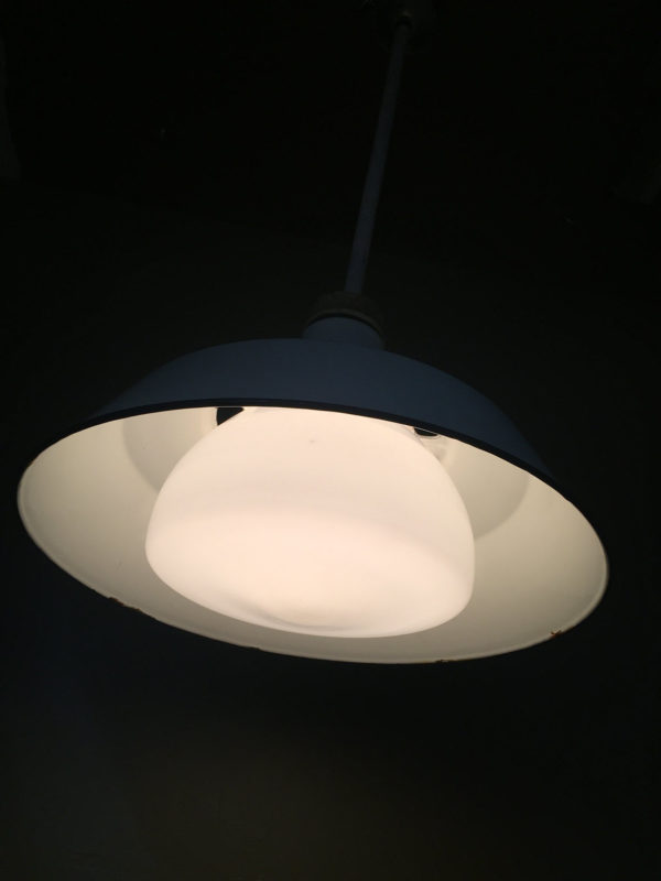 Vintage Industrial White Porcelain Enamel Pendants w/ Milk Glass Shades - Image 5