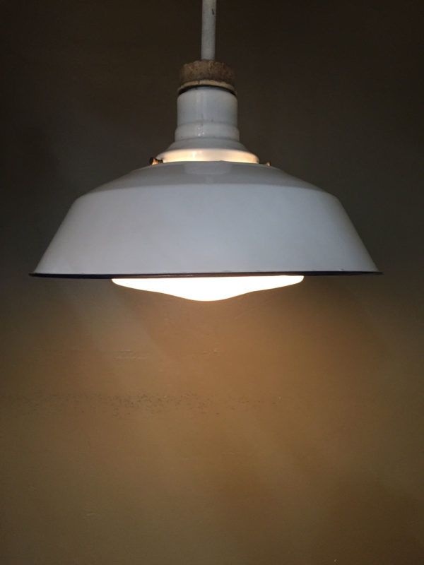 Vintage Industrial White Porcelain Enamel Pendants w/ Milk Glass Shades - Image 6