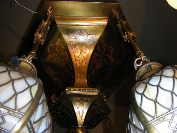 1915 HANDEL Brass Overlay Chandelier - Image 6