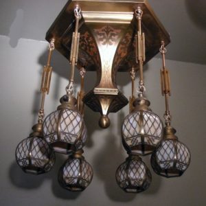 1915 HANDEL Brass Overlay Chandelier