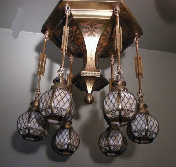 1915 HANDEL Brass Overlay Chandelier
