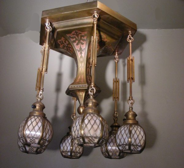 1915 HANDEL Brass Overlay Chandelier - Image 2