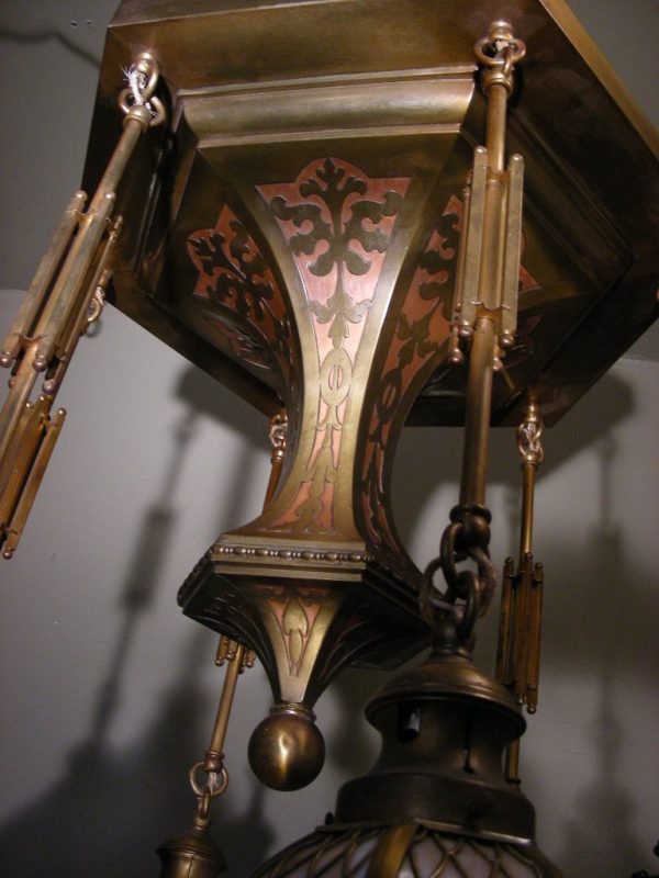 1915 HANDEL Brass Overlay Chandelier - Image 3