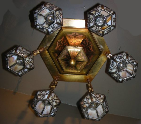1915 HANDEL Brass Overlay Chandelier - Image 5