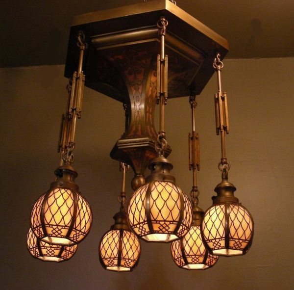 1915 HANDEL Brass Overlay Chandelier - Image 7