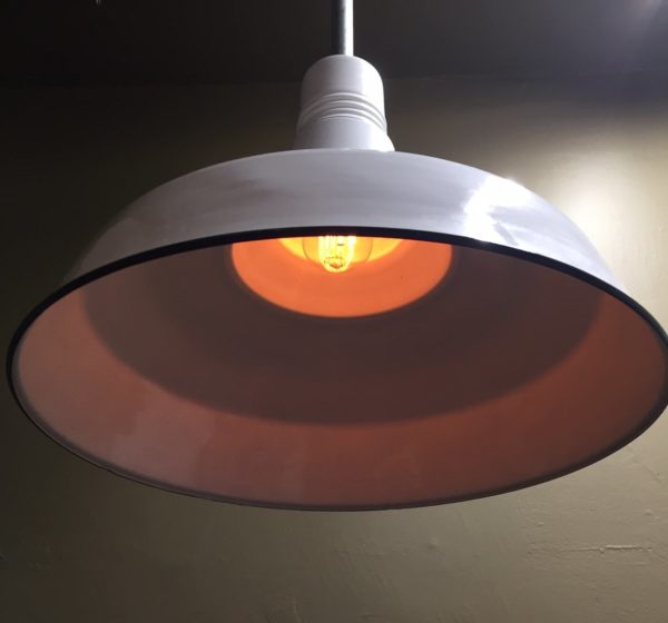 Vintage 20" Industrial Porcelain Enamel Pendants - Image 4