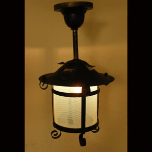 Early Wrought Iron and Opalescent Swirled Glass Pendant Fixture