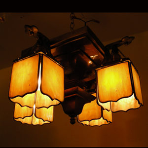Brass and Slag Glass Arts & Crafts Mission Chandelier