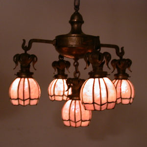 Hammered Bronze Arts & Crafts Chandelier attributed to HANDEL