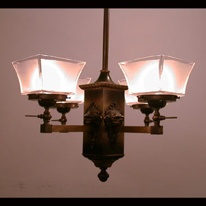 Early Arts & Crafts GAS Chandelier w/ Cast Bronze Lion Heads