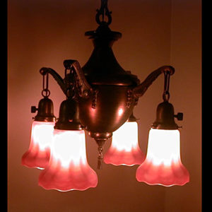 Early Four Arm Brass Fixture w/ Signed Carnival Glass Shades