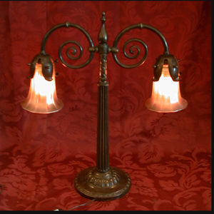 Early Bronze Two Arm Table Lamp with Signed QUEZAL shades