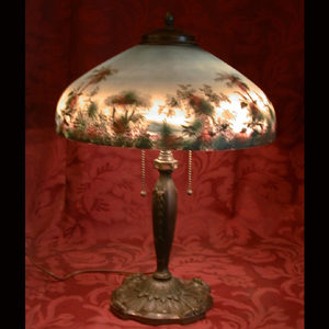 Signed Pittsburgh Obverse Painted Lamp with Tropical Jungle Motif