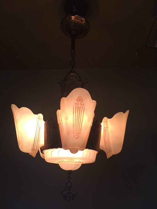 Six Light Art Deco Slip Shade Chandelier - Image 8
