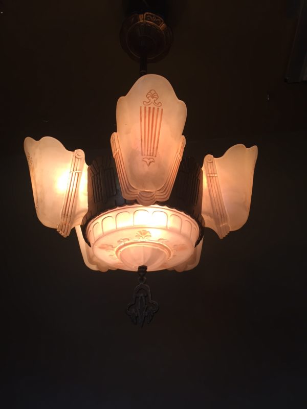 Six Light Art Deco Slip Shade Chandelier - Image 7