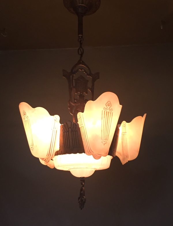 Six Light Art Deco Slip Shade Chandelier - Image 4