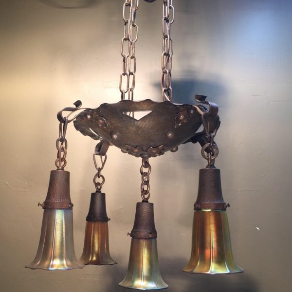 Circa 1910-1920 Arts & Crafts Chandelier w/ Steuben Shades - Image 5