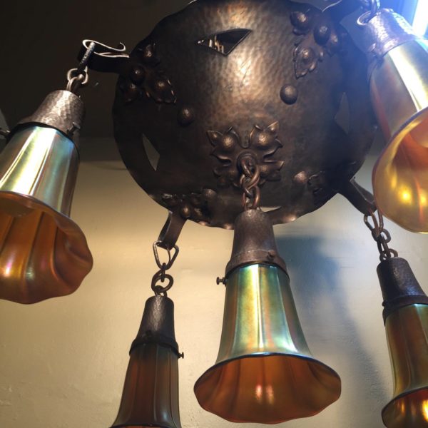 Circa 1910-1920 Arts & Crafts Chandelier w/ Steuben Shades - Image 4