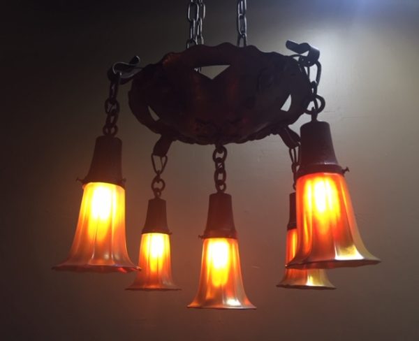 Circa 1910-1920 Arts & Crafts Chandelier w/ Steuben Shades - Image 9