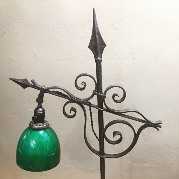 Early Wrought Iron Floor Lamp w/ Emeralite Shade - Image 3