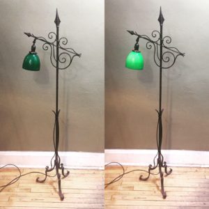 Early Wrought Iron Floor Lamp w/ Emeralite Shade