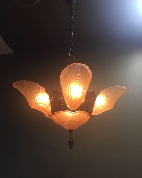1920s Markel Art Deco Slip Shade Chandelier
