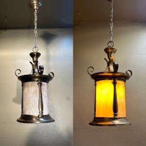 Large Brass & Slag Glass Pendant Lanterns