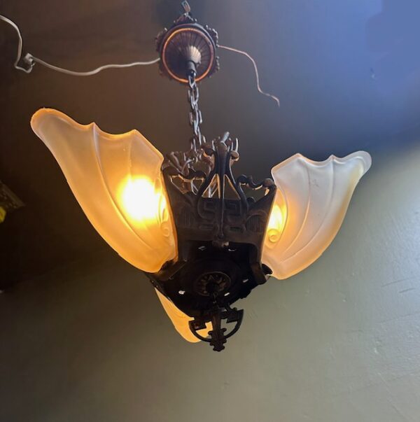 Three Light Art Deco Slip-Shade Chandelier - Image 9
