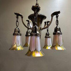 1910 Brass Five Arm Chandelier w/ Quezal Pulled Feather Shades