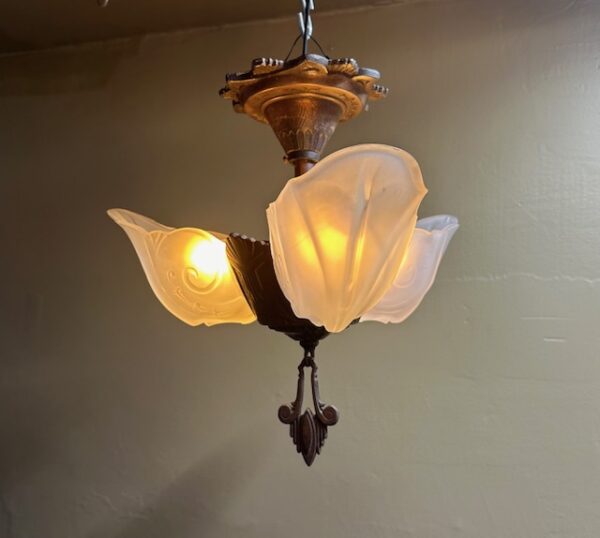 1920 Three Light Flush Mount Art Deco Chandelier - Image 3