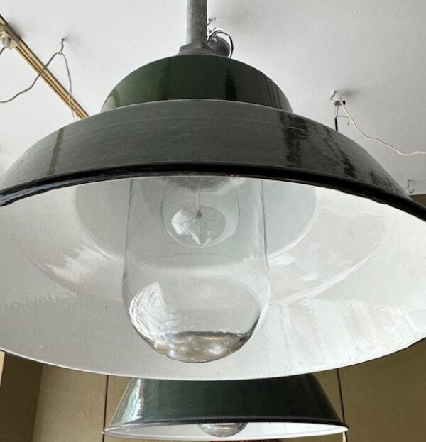 Vintage Industrial Green Enamel Pendant Lights w/ Optic Glass Shade - Image 6