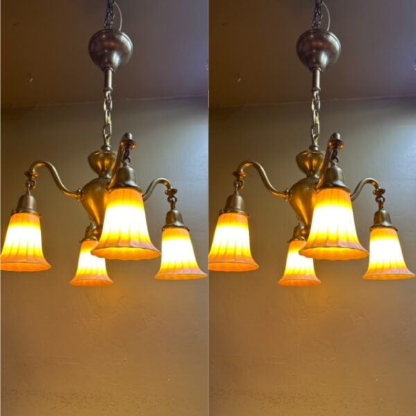 Bradley & Hubbard Chandelier w/ Quezal Art Glass Shades (Pair) - Image 14
