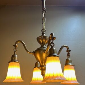 Bradley & Hubbard Chandelier w/ Quezal Art Glass Shades (Pair)