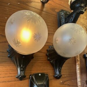 Early 1900s Cast Iron Wall Sconces w/ Star Cut Shades