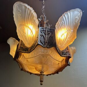 Art Deco "Markel" Slip Shade Fixture w/ Polychrome Finish & Bottom Glass Shade